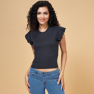 YU by Pantaloons Casual Striped Women Dark Blue, Blue Top