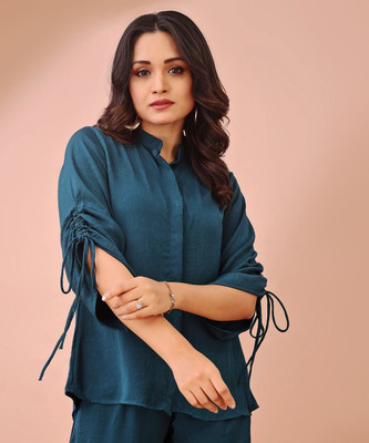 FashFun Party 3/4 Sleeve Solid Women Green Top