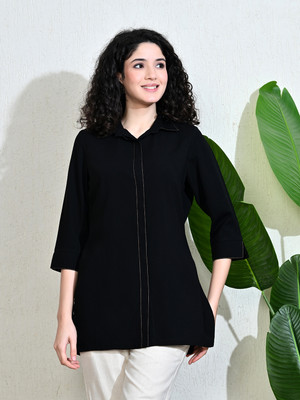 Meesan Casual Solid Women Black Top