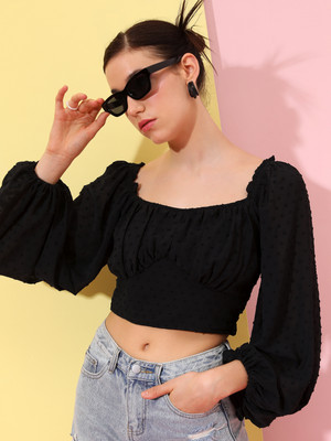 Tokyo Talkies Casual Solid Women Black Top