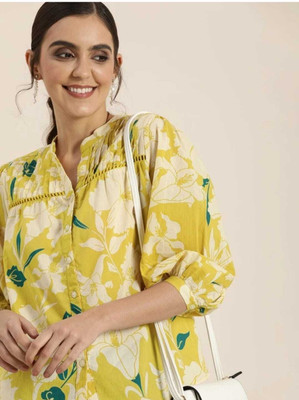 FANCIFY Casual Floral Print Women Yellow Top