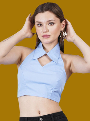 Styvibe Casual Solid Women Light Blue Top