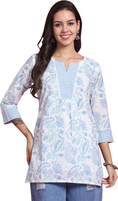 HouseOfCommon Women Printed Straight Kurta(White, Light Blue)