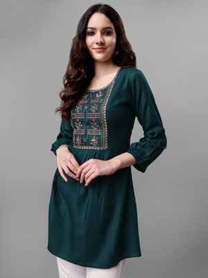 Anmi Embroidered Women Flared Kurta(Dark Green)