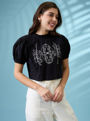Globus Casual Embroidered Women Black Top