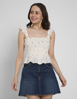 American Eagle Casual Printed Women Beige Top