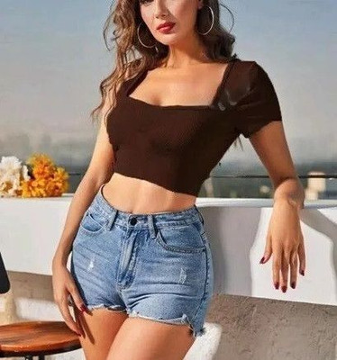 Heilig Casual Solid Women Brown Top