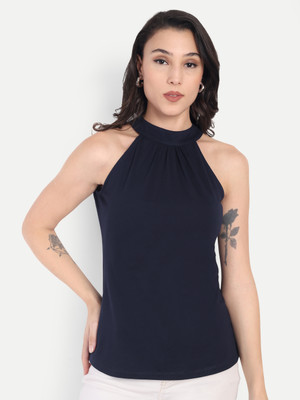 FairLeaf Casual Solid Women Dark Blue Top