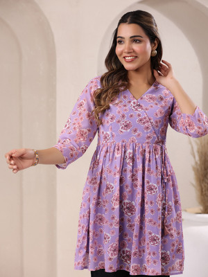 Janasya Casual Floral Print Women Purple Top
