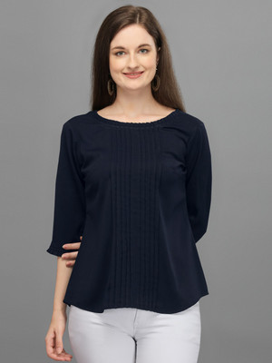 Prettify Casual 3/4 Sleeve Solid Women Blue Top