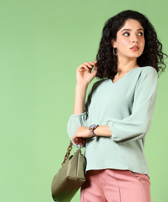 V-MART Casual Solid Women Light Green Top