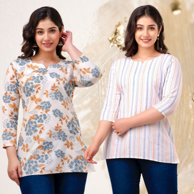 VROEGER Casual Printed, Self Design Women Grey, White Top