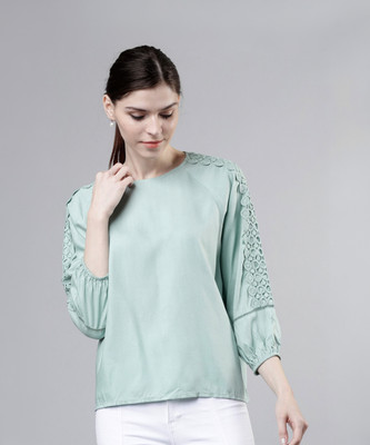 Tokyo Talkies Casual 3/4 Sleeve Solid Women Blue Top
