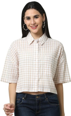 Glam & Chique Casual Checkered Women Brown Top