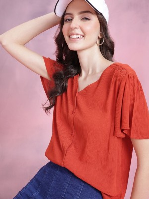 Dressberry Casual Solid Women Orange Top