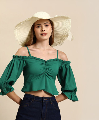 Mast & Harbour Casual Solid Women Green Top