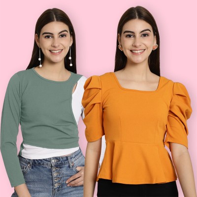 Tromko Casual Solid Women Green, Yellow, White Top