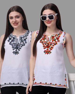 aakrushi Casual Embroidered Women Silver, Multicolor Top