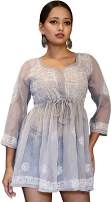 myplusfashion Casual Embroidered Women Grey Top