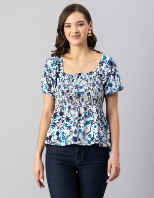 moomaya Casual Printed Women Light Blue, White, Dark Blue Top