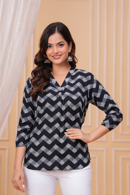 SATLOK FASHION Casual Chevron/Zig Zag Women Black Top