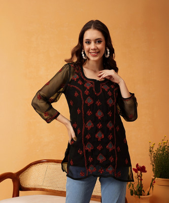 ADA Casual Embroidered Women Black Top