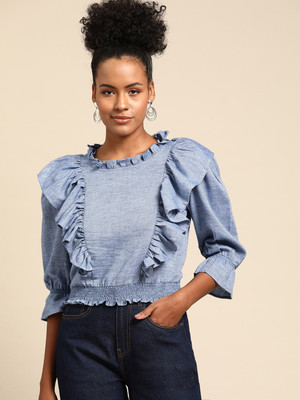 WoowZerZ Casual Solid Women Light Blue Top
