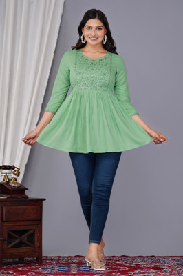 P PRIYA FASHION Casual Embellished, Embroidered Women Light Green Top