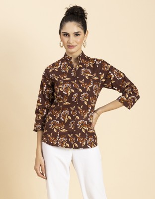 moomaya Women Printed Casual Brown, White, Yellow Shirt