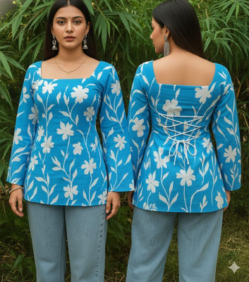 SANGOURI Casual Floral Print Women Blue Top