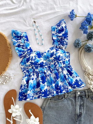 NiloBerry Party Floral Print Women Light Blue Top