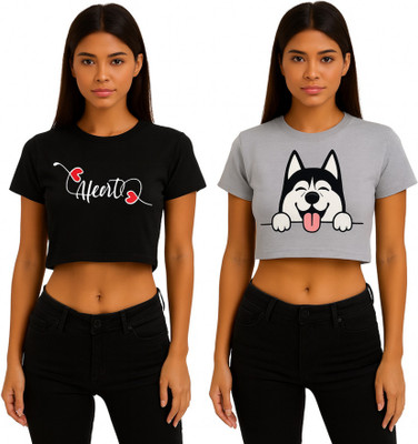 FASHIONCARNIVEL Casual Graphic Print Women Black, Grey Top