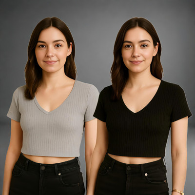 FAST CRY Casual Solid Women Grey, Black Top
