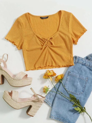 CUTEXT FASHION Casual Striped Women Yellow Top