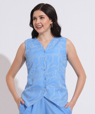 FashFun Casual 3/4 Sleeve Printed Women Blue Top