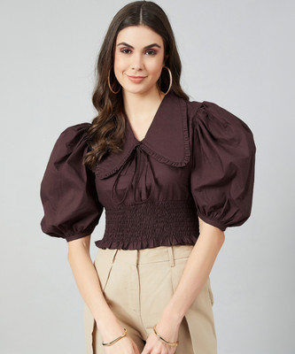 ATHENA Casual Puff Sleeve Solid Women Brown Top