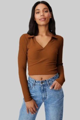 ZAVERA Casual Solid Women Brown Top