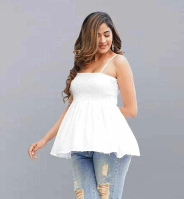 VYMO Casual Solid Women White Top