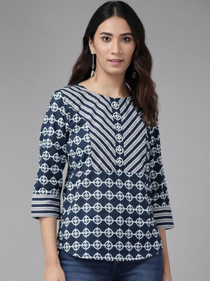 Yash Gallery Casual Floral Print Women Blue Top