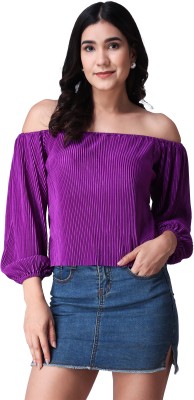 POPWINGS Casual Self Design Women Purple Top