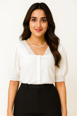 Urban weave Casual Self Design Women White Top