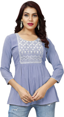 GUPTATRENDZ Casual Embroidered Women Blue Top