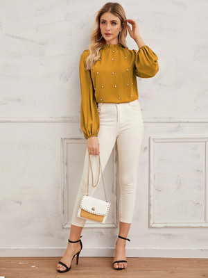 SZN Casual Solid Women Yellow Top