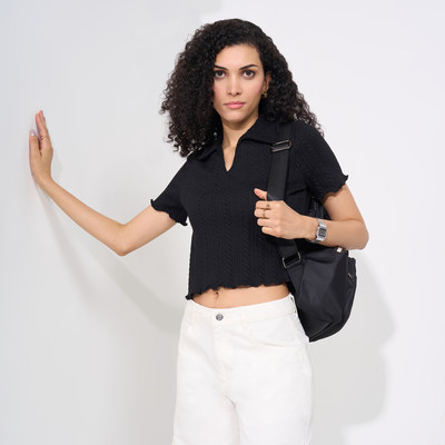 PEOPLE Casual Self Design Women Black Top