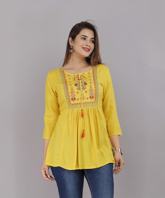 Bhiterwal Casual Embroidered Women Yellow Top