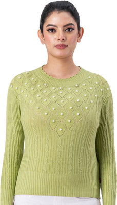Shilpa Embellished Round Neck Casual Women Light Green Sweater