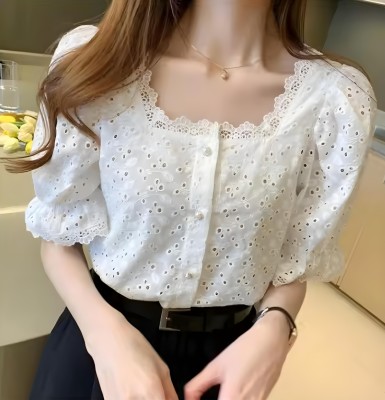 Rnfashion Casual Embroidered Women White Top