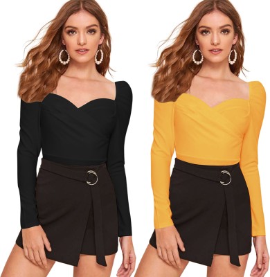 Dream Beauty Fashion Casual Solid Women Black, Yellow Top