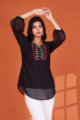 V3 FASHION Party Embroidered Women Black Top