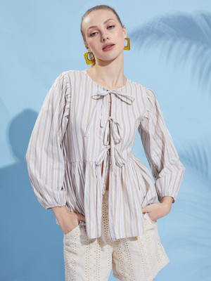 all about you Casual 3/4 Sleeve Printed Women Beige Top